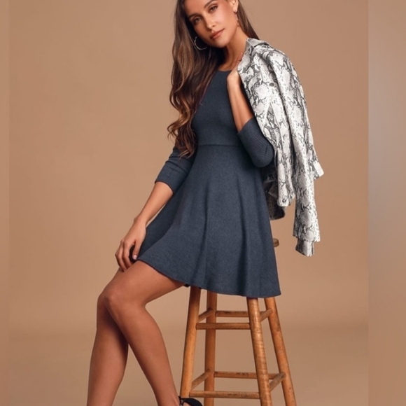 Lulus Fit and Fair Navy Ribbed Long Sleeve Skater Dress size S - Picture 4 of 16